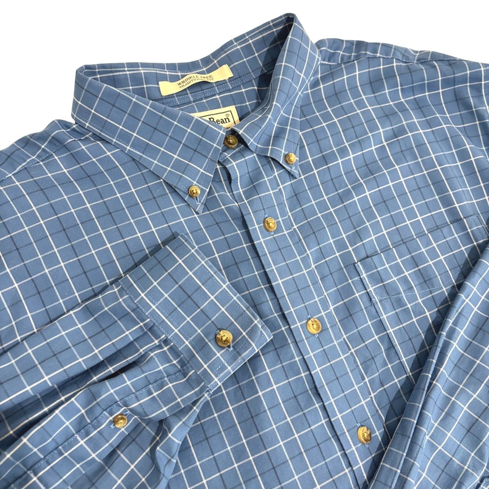L.L.Bean Blue Plaid Button Down Shirt Men XL Tall Wrinkle Free Traditional Fit
